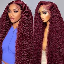 Perucas frontais de renda Estilar Burgundy Deep Wave 28" 200% de densidade