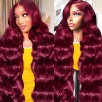 Perucas frontais de renda Nollipopco 30 polegadas 99J Burgundy Hair