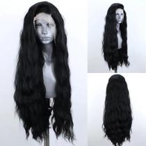 Perucas frontais de renda sintética ELESTY, cabelo preto longo e ondulado, 60 cm