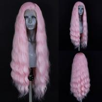 Perucas frontais de renda sintética ELESTY Pink Long Wavy 60cm Perucas frontais de renda sintética ELESTY Pink Long Wavy 60cm
