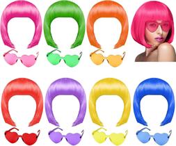 Perucas PLULON Neon Short Bob, 7 peças com óculos de sol para festa