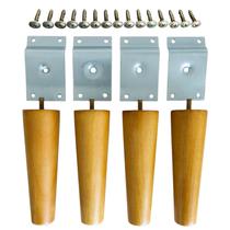 Pés De Madeira P/ Móveis Classic Palito Cone Retrô 15cm Com Suporte Ferro Em Grau e Parafusos - Kit Completo 4 Unidades