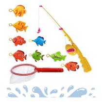 Pesca Peixe Na Agua 8 Peixinhos Vara Rede Pescaria Brinquedo Infantil Divertido Crianças