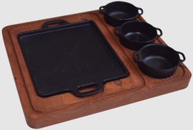 Petisqueira + 3 Molheiras Ferro Fundido Suporte Madeira Petisqueira + 3 Molheiras Ferro Fundido Suporte Madeira