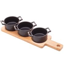 Petisqueira Bambu 3 Ramekins Panelinhas Porcelana Preta Serv