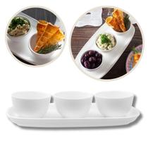 Petisqueira Bandeja Retangular 3 Bowls Servir Branco Oxford
