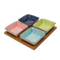 Petisqueira de bamboo e ceramica com 4 bowls Petisqueira de bamboo e ceramica com 4 bowls
