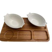 Petisqueira de bambu 4 espaços e 2 cumbucas porcelana Oval Petisqueira de bambu 4 espaços e 2 cumbucas porcelana Oval