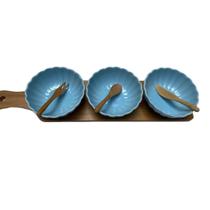 Petisqueira de Bambu com 3 bowls de Porcelana e espatulas AC