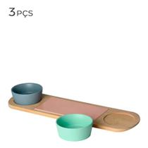 Petisqueira de Cerâmica com Base de Bambu 42,5X12CM 3PÇS - Lyor