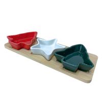 Petisqueira De Natal Em Bambu Com 3 Bowls Em Cerâmica