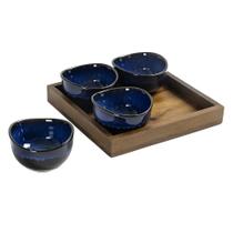 Petisqueira em madeira e ceramica azul com 4 bowls