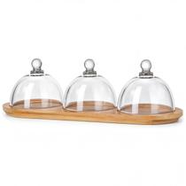 Petisqueira Mini Tripla Cristal Madeira Petiscos Decoração Mesa 3 Itens Comida Multiuso Resistente Petisqueira Mini Tripla Cristal Madeira Petiscos Decoração Mesa 3 Itens Comida Multiuso Resistente