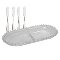 Petisqueira Oval Cristal Divisória Pearl 24cm Espátulas Inox