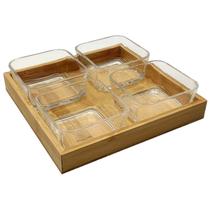 Petisqueira Quadrada Bandeja de Bambu com 4 Potes de Vidro