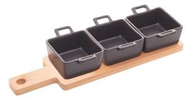 Petisqueira Quadrada De Porcelana Com Bandeja De Bambu