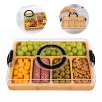 Petisqueira Tábua de Frios Bambu Bandeja Madeira Porta Petiscos e Frios Com Tampa e Alças 5 Divisórias Portátil Petisqueira Tábua de Frios Bambu Bandeja Madeira Porta Petiscos e Frios Com Tampa e Alças 5 Divisórias Portátil