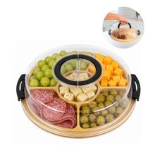 Petisqueira Tábua de Frios Bambu Bandeja Madeira Porta Petiscos e Frios Com Tampa e Alças 5 Divisórias Portátil Redonda Petisqueira Tábua de Frios Bambu Bandeja Madeira Porta Petiscos e Frios Com Tampa e Alças 5 Divisórias Portátil Redonda