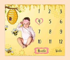 PHMOJEN Baby Age Milestone Cobertor, Cobertor de favo de mel de abelha para berçário, Baby 1-12 meses Gráfico de crescimento, Inclui 4 quadros e 1 faixa de cabeça 47 "x40" BTQQPH33