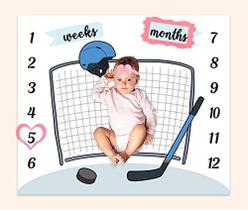 PHMOJEN Baby Age Milestone Cobertor, Hockey Goal Helmet Stick Blanket para berçário, Baby 1-12 meses Gráfico de crescimento, Inclui 4 quadros e 1 faixa de cabeça 47 "x40" BTLSPH300