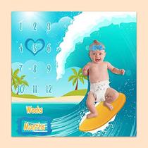 PHMOJEN Baby Monthly Milestone Blanket, Sea Surfboard Waves, recém-nascidos de 1 a 12 meses Unissex incluem 4 quadros e 1 faixa de cabeça 47 "x47" BTLSPH495