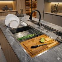 Pia Cuba Cozinha Gourmet 3 Andares 1,20 Metros Em Inox 304 Com Tabua De Corte, Cesto Multiuso E Escorredor De Pratos, Copos E Talheres Pia Cuba Cozinha Gourmet 3 Andares 1,20 Metros Em Inox 304 Com Tabua De Corte, Cesto Multiuso E Escorredor De Pratos, Copos E Talheres