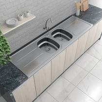 Pia de Cozinha em Aço de 180cmx56cm com Duas Cubas Concretada sem Válvula Plus 30 Pia de Cozinha em Aço de 180cmx56cm com Duas Cubas Concretada sem Válvula Plus 30
