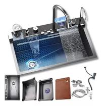 Pia de Cozinha Inteligente Multifuncional com Display Digital, Cuba em Aço Inox, Kit Completo, Cinza