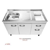 Pia em inox tampo inox + furo para Cooktop de Indução Direito 120x56,7cm Solo