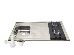 Pia Fogão Gás 2 bocas Fabrinox 120x55cm, cuba esquerda, furo para torneira, válvula e sifão