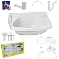 Pia Lavatório Banheiro 4,8L + Kit Para Banheiro Redondo + Torneira + Sifão Universal + Engate Flexível + Fita Veda Rosca