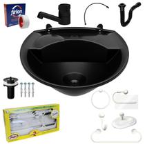 Pia Lavatório Banheiro Plástico 4L Preta + Kit Para Banheiro Redondo 5 Pçs Branco