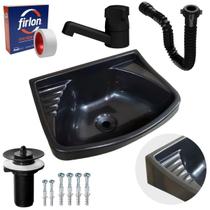 Pia Lavatório Plástico 4,8L Preta + Sifão + Torneira Preta