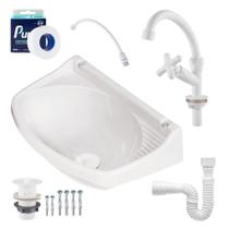 Pia Lavatorio Plastico Branco Parafusar na Parede Kit Completo