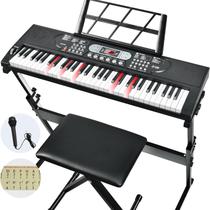 Piano com teclado de 61 teclas, teclado de piano elétrico com teclas iluminadas, Pitch Bend, alto-falantes embutidos inclui suporte e banco para piano, microfone, teclado portátil e piano para iniciantes
