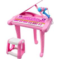 Piano de teclado Dollox de 37 teclas para crianças com banco e microfone rosa