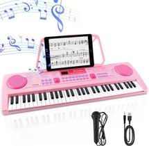 Piano de teclado WOSTOO Kids 61 teclas com suporte e microfone rosa Piano de teclado WOSTOO Kids 61 teclas com suporte e microfone rosa
