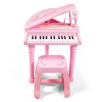 Piano Teclado Infantil Brinquedos Musicais Com Microfone e Banquinho MC421 Rosa - Mega Compras