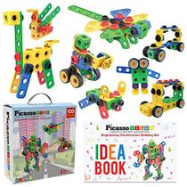 PicassoTiles STEM Learning Toys 105 Piece Building Block Set Kids Construction Engineering Kit Toy Blocks Children Early Education Playset c/ IdeaBook, Power Drill, Clickable Ratchet, Age 3+ PTN105