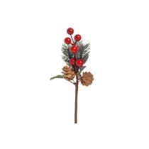 Pick Enfeite Natal Galho Folhas Pinhas e Fruta Vermelha 20cm