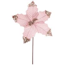 Pick natalino Flor Bico de Papagaio aveludado rosa claro com glitter champanhe 30 cm - D&A