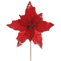 Pick natalino Flor Bico de Papagaio aveludado vermelho com glitter 34 cm - D&A