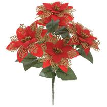 Pick natalino Flor Bico de Papagaio vermelho com glitter dourado 32 cm - D&A