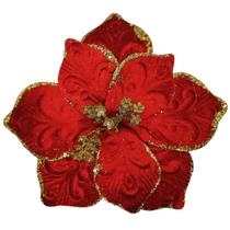 Pick natalino Flor Poinsétia Bico de Papagaio vermelho com glitter dourado 25 cm