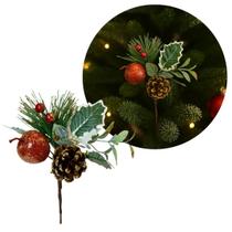 Pick Natalino Folhagem Pinha e Fruta Decorado Glitter Dourado 17cm