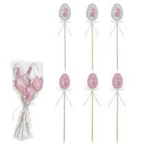 PICK OVO PASCOA. C/6 UND (ROSA BRANCO) 6cm