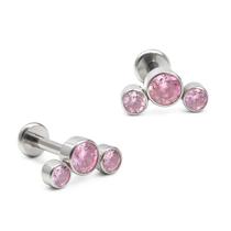 Piercing Cluster em Titânio com 3 Pedras Zircônias Rosa Rosca Interna