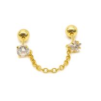 Piercing com Corrente Aço Cirúrgico Dourado PVD Com Ponto de Luz Zircônias Piercing com Corrente Aço Cirúrgico Dourado PVD Com Ponto de Luz Zircônias