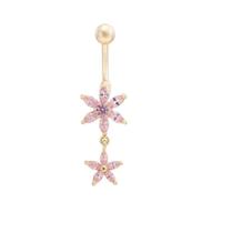 Piercing De Umbigo Dourado Pendurado Aço Cirúrgico Flor Rosa