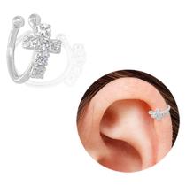 Piercing Fake De Orelha Com Cruz De Zircônias PRI Style Folheado A Prata Antialérgico - BSPRI5082 P